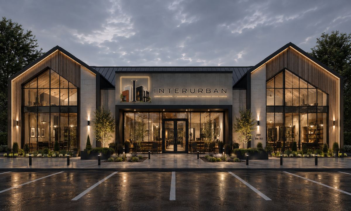 Campus building with Interurban signage at dusk