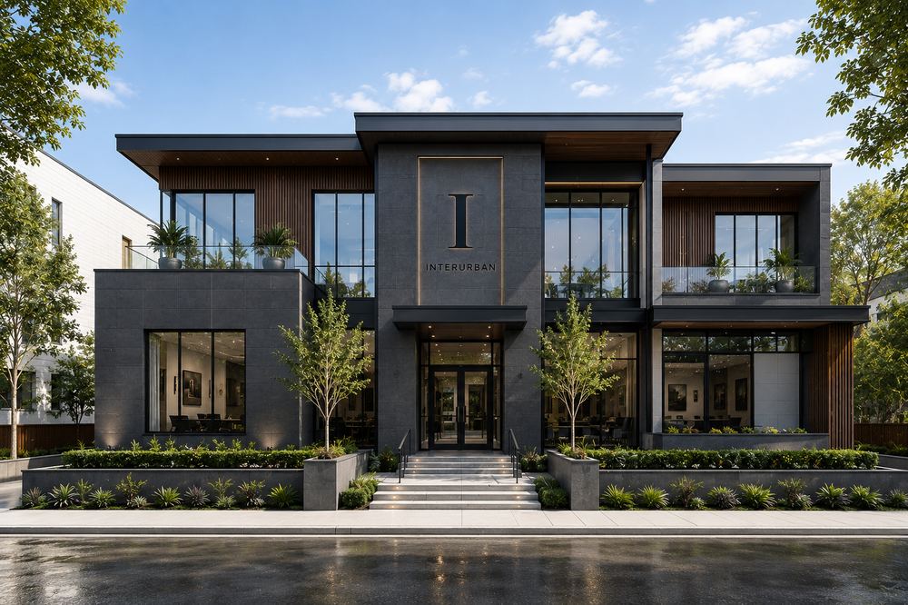 Dark stone and timber campus building