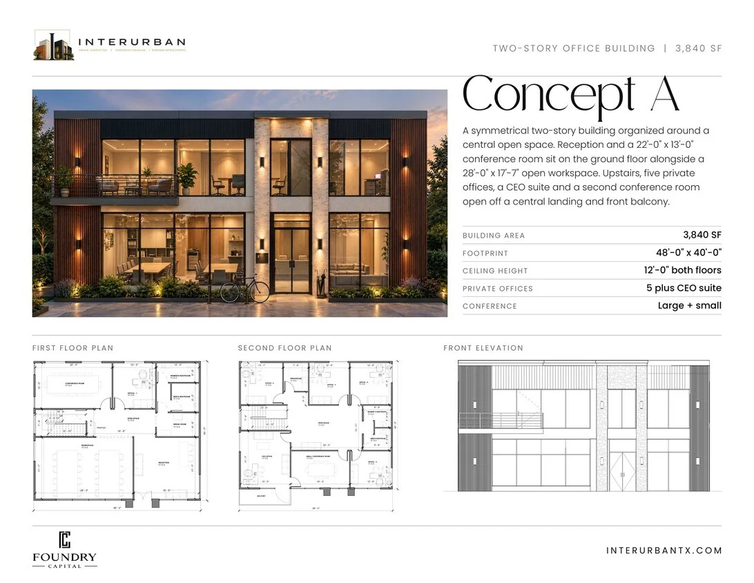 Concept A sheet for the 3,840 square foot Interurban building: dusk rendering, first and second floor plans, and front elevation drawing