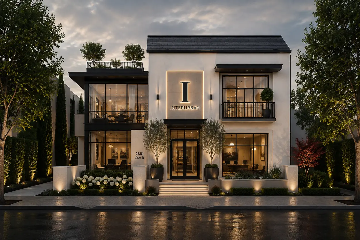 Front elevation of a white stucco two-story office building with a black slate roof, balcony and terrace