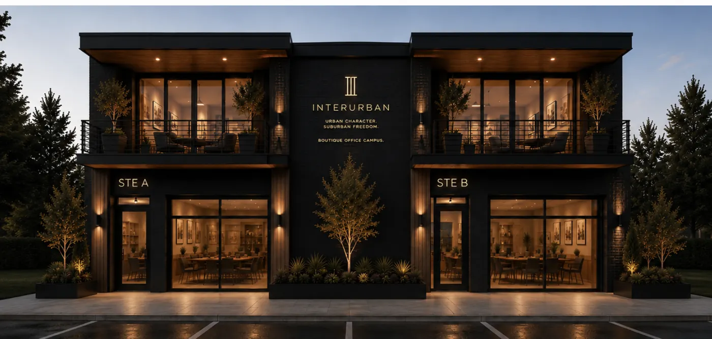 Front elevation of a black brick two-story office villa at dusk, showing Suite A and Suite B entries with second-floor balconies